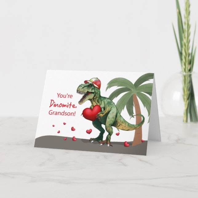 Grandson Valentine Dinosaur with Hat and Hearts Card (Front)