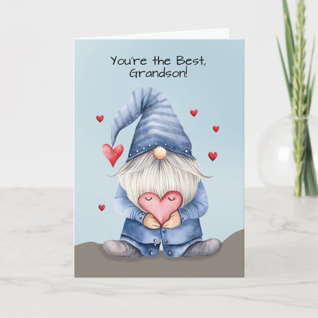 Grandson Valentine Funny Gnome Wearing Denim Card (Front)