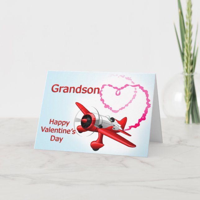 Grandson Valentine's Day Aeroplane with heart Holiday Card (Front)