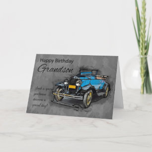 Grandson, Vintage Blue Car OnWatercolor Background Card