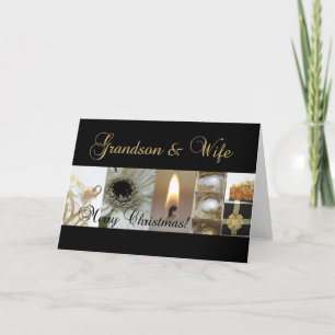 Grandson & Wife Christmas black & White & Gold Holiday Card