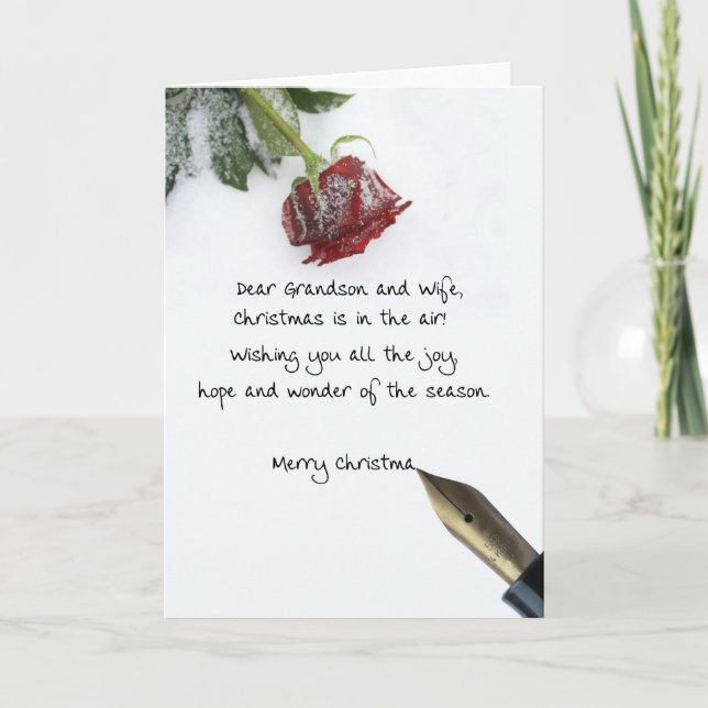 Grandson & Wife christmas letter on snow rose pape Holiday Card (Front)