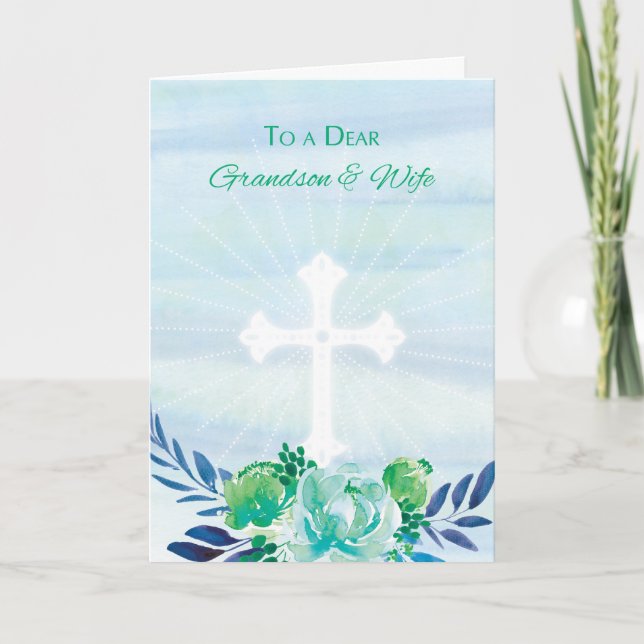 Grandson & Wife Teal Blue Flowers w/ Cross Easter Holiday Card (Front)