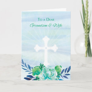 Grandson & Wife Teal Blue Flowers w/ Cross Easter Holiday Card