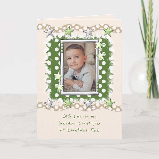 Grandson with love at Christmas green Holiday Card (Front)