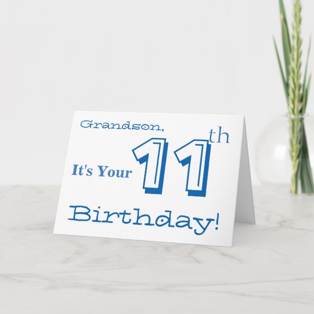 Grandson's 11th birthday greeting in blue & white. card (Front)