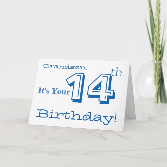 Grandson's 14th birthday greeting in blue & white. card (Front)