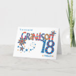 Grandson's 18th Birthday Stars and Word Art  Card<br><div class="desc">A colourful 'word art' design for your grandson's 18th birthday with pattern-filled letters and decorative stars. The front cover greeting is, 'To a very special GRANDSON 18 TODAY!' in bright red, blue and yellow. The word, 'GRANDSON' is very big and the letters are filled with stripes and polka dots and...</div>