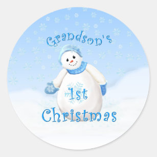 Grandson's 1st Christmas Snowman Classic Round Sticker