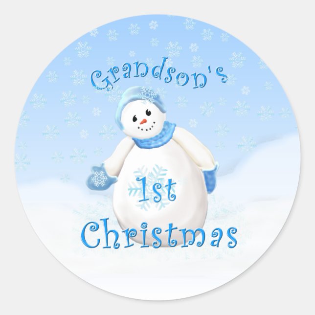 Grandson's 1st Christmas Snowman Classic Round Sticker (Front)