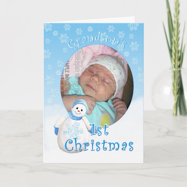 Grandson's 1st Christmas Snowman Photo Greeting Holiday Card (Front)
