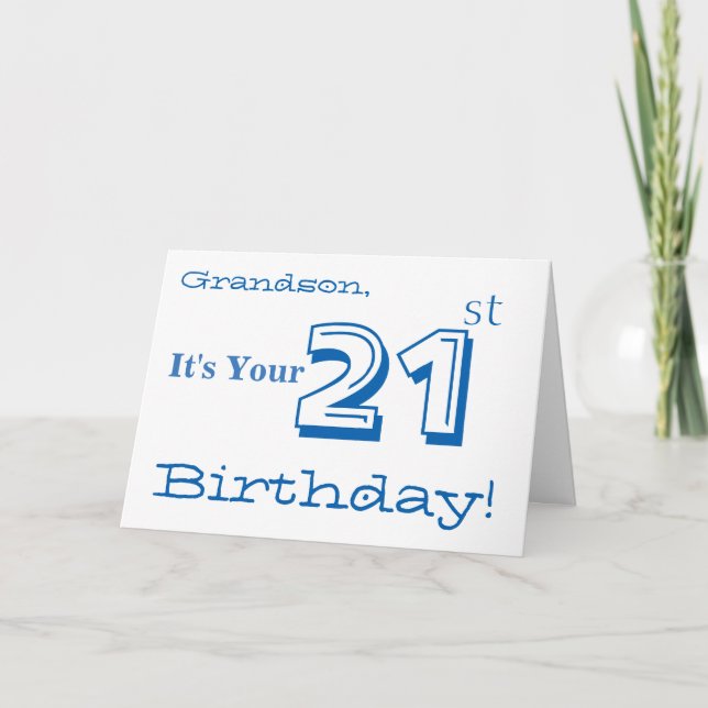 Grandson's 21st birthday greeting in blue & white. card (Front)