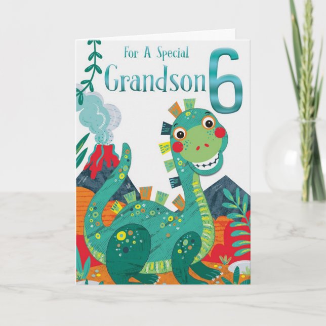 Grandson's 6th Birthday Card - Happy Dinosaur (Front)