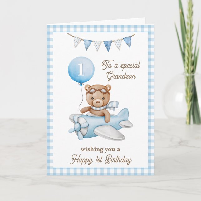 Grandson's First Birthday Teddy Bear Greeting Card (Front)