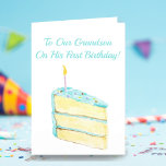Grandson's First Birthday Watercolor Cake Card<br><div class="desc">Celebrate your Grandson's first  birthday with this adorable watercolor slice of cake. Change the inside message!</div>