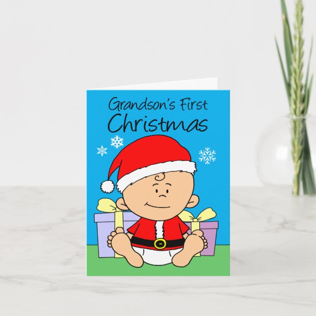 Grandson's First Christmas Cute Little Santa Holiday Card (Front)