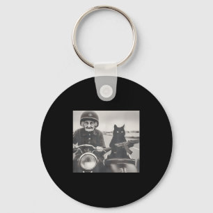 Granny And Her Armed Cat Riding Vintage Motorcycle Key Ring
