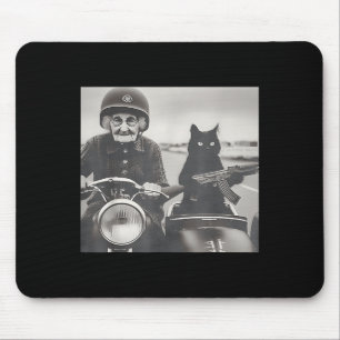 Granny And Her Armed Cat Riding Vintage Motorcycle Mouse Mat