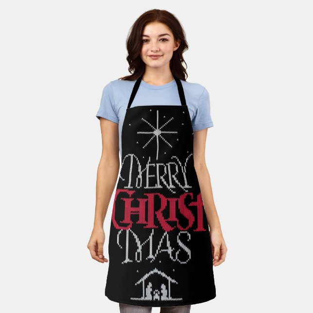 Granny Knit Religious Merry CHRISTmas Calligraphy Apron (Worn)