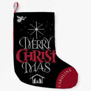 Granny Knit Religious Merry CHRISTmas Calligraphy Small Christmas Stocking