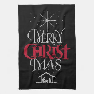 Granny Knit Religious Ugly Merry Christmas Sweater Tea Towel