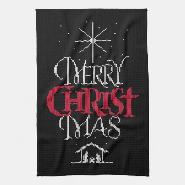 Granny Knit Religious Ugly Merry Christmas Sweater Tea Towel (Vertical)