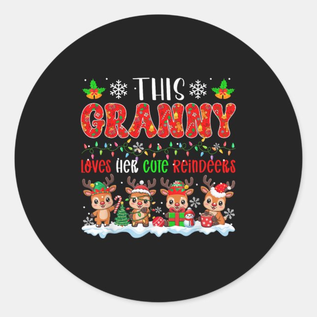 Granny Loves Her Cute Reindeers Xmas Group Santa R Classic Round Sticker (Front)