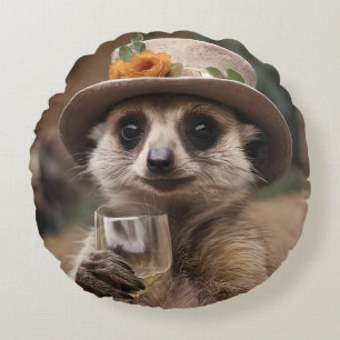 Granny Meerkat Wine Time, Round Cushion