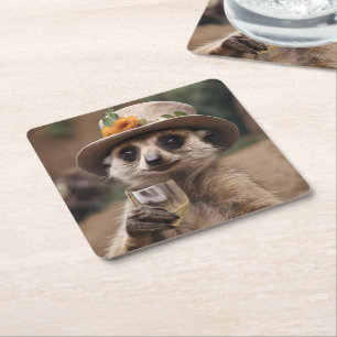 Granny Meerkat Wine Time, Square Paper Coaster