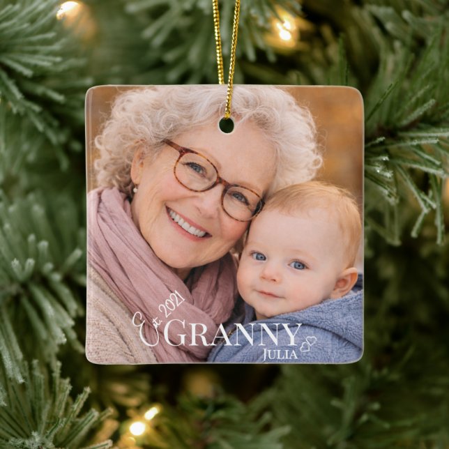 Granny Photo Established Year Modern Heart Ceramic Ornament (Tree)