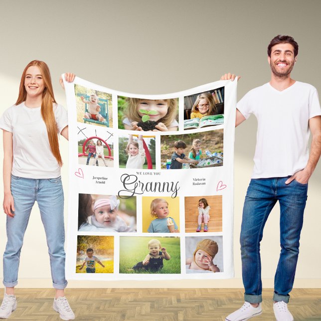 Granny We Love You Personalised Hearts Modern Fleece Blanket (Granny we love you custom fleece blanket with favorite photos and personalized text.)