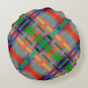 Granny's crossed reddish strips, with woven aspect round cushion