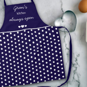Gran's Kitchen Always Open Navy Blue And White Dot Apron