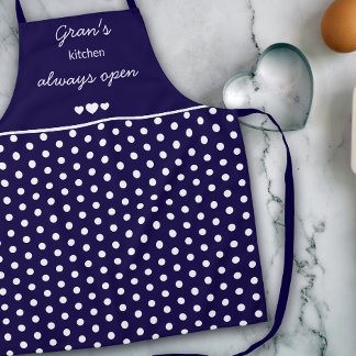 Gran's Kitchen Always Open Navy Blue And White Dot Apron