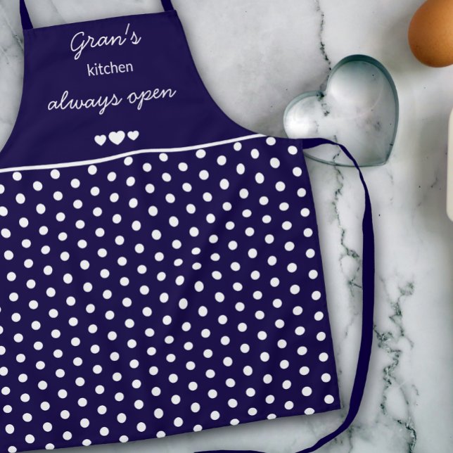 Gran's Kitchen Always Open Navy Blue And White Dot Apron (Creator Uploaded)