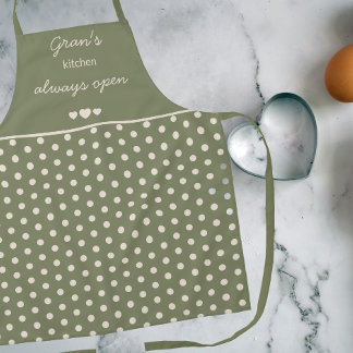 Gran's Kitchen Always Open Olive Green Polka Dot Apron