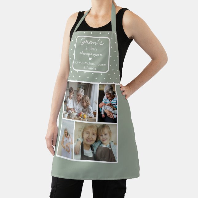 Gran's Kitchen Always Open Sage Green Dots Photo Apron (Insitu)