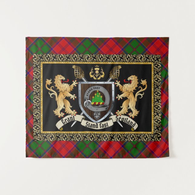 Grant Clan Badge & Motto w/Lions  Tapestry (Front (Horizontal))