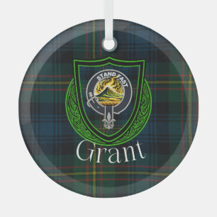 Grant Scottish Clan Tartan & Crest Glass Tree Decoration