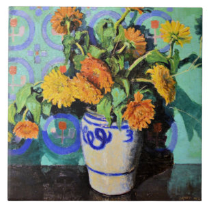 Grant Wood - Calendulas, floral painting Tile