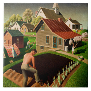 Grant Wood - Spring in Town, fine art painting Tile
