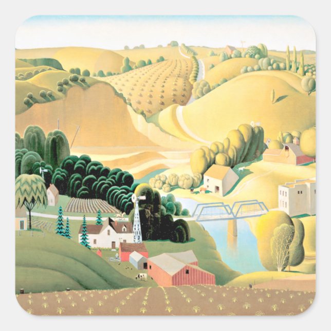 Grant Wood - Stone City, Iowa, fine art painting Square Sticker (Front)