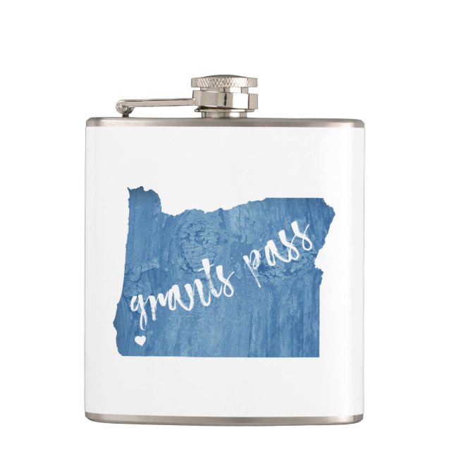 Grants Pass Oregon Wood Grain Hip Flask (Front)
