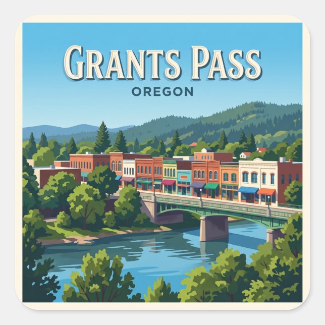 Grants Pass Riverside District Oregon Square Sticker (Front)