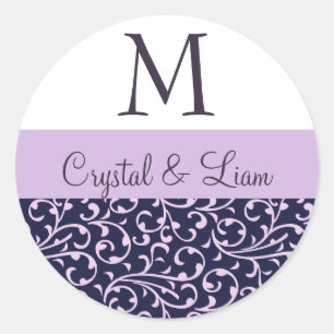 GRAPE and LILAC PURPLE Damask Wedding Monogram Classic Round Sticker