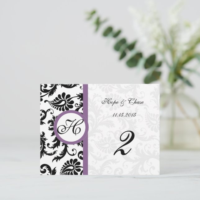 Grape & Black Damask Swirls Table Number Cards (Standing Front)