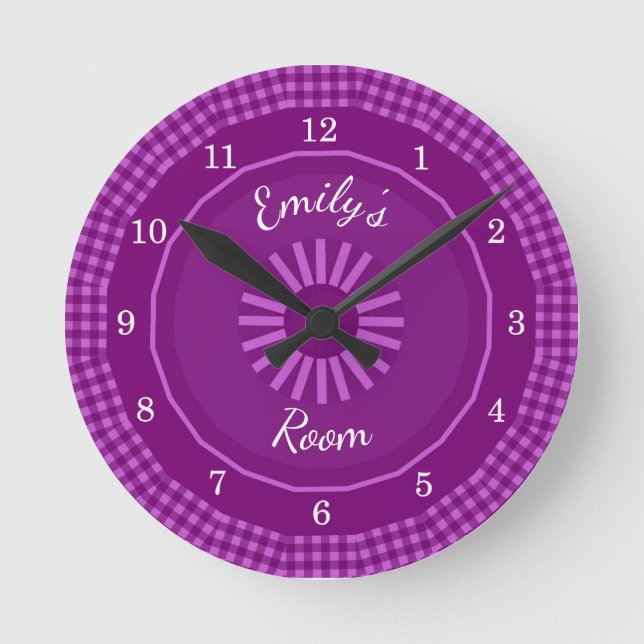 Grape Gingham Checks  Numbered Round Clock (Front)