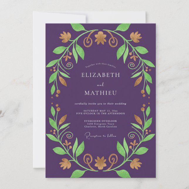 Grape Gold Wreath Wedding Invitation (Front)