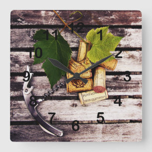 Grape leaf, wine bottle corks and corkscrew square wall clock
