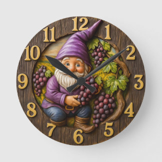 Grape-loving gnome harvest fantasy round clock